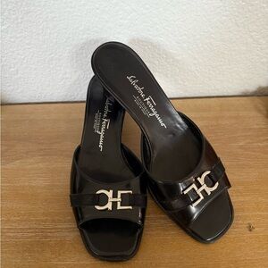 Salvatore Ferragamo Black Mules with Silver Accent